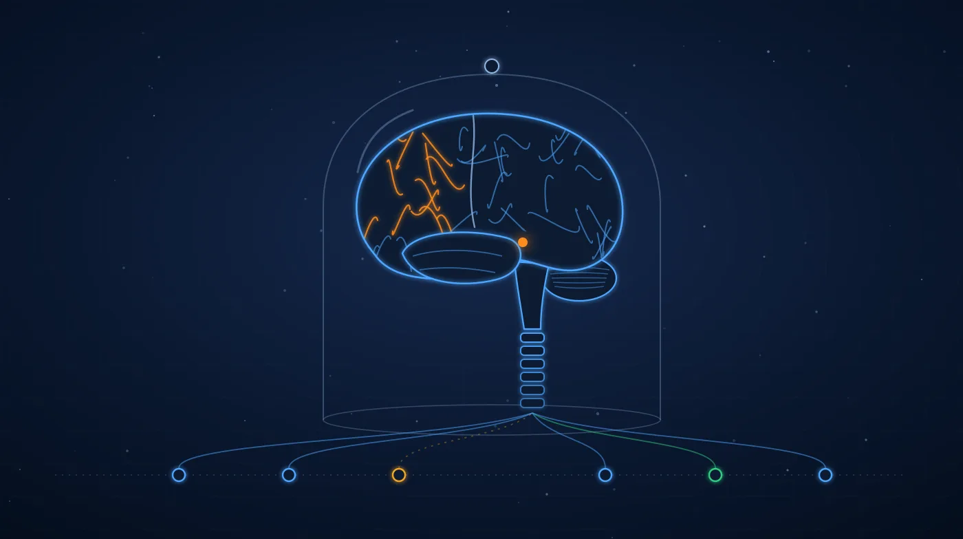 Ilustración sobre fondo azul noche: un cerebro de líneas neón bajo una campana de vidrio, sobre una columna vertebral a la que llegan seis cables desde seis fuentes, con una línea de tiempo inferior