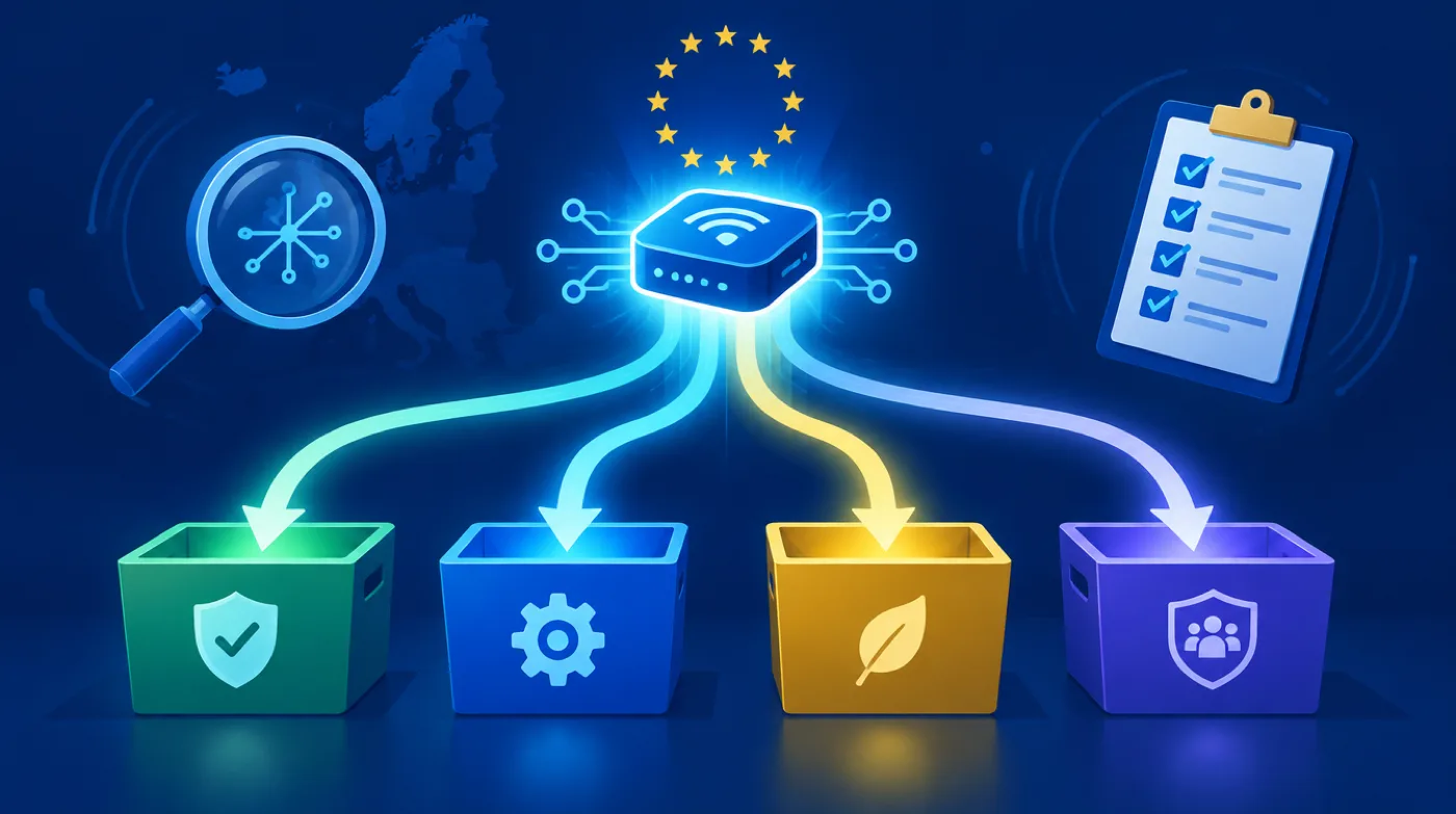 Ilustración de un producto conectado clasificándose automáticamente en una de cuatro cajas etiquetadas, con la bandera europea y una lupa de análisis