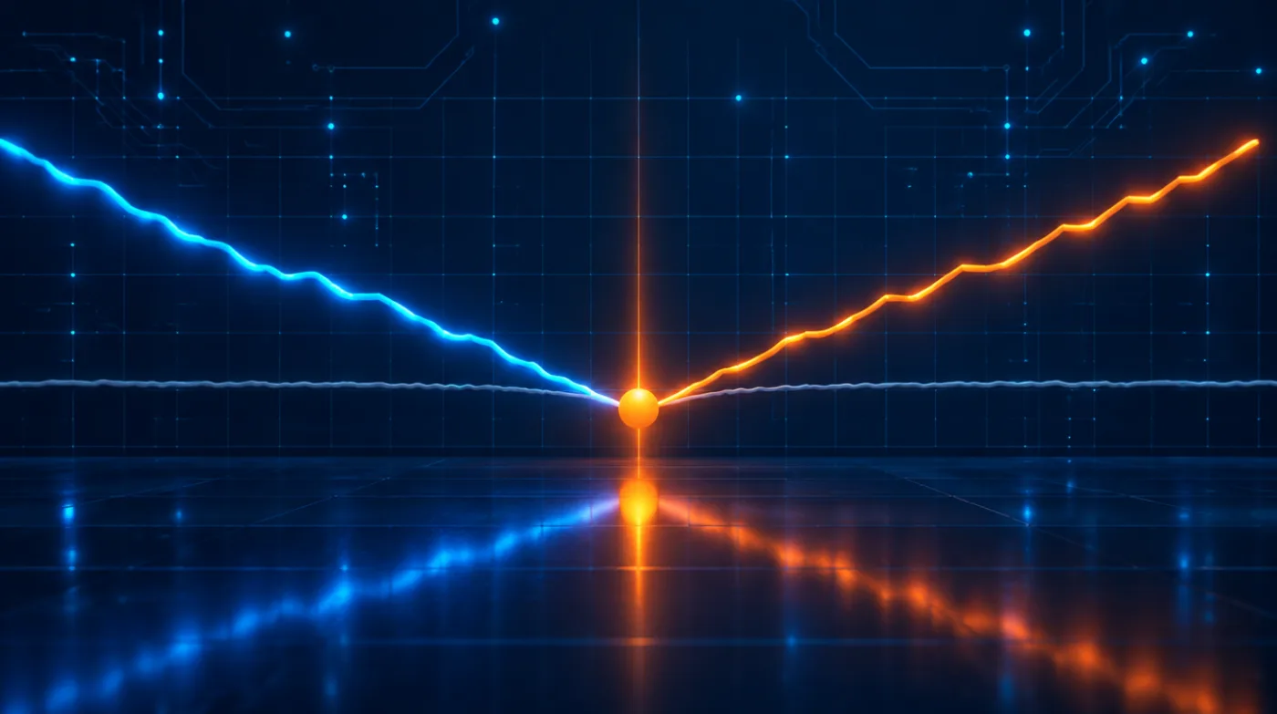 Ilustración de una curva de rendimiento que desciende en azul hasta un punto naranja luminoso marcado en el centro y remonta desde ahí, con una línea gris plana de referencia cruzando el fondo