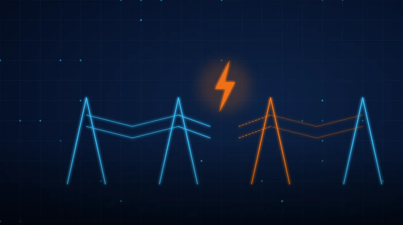 Illustration of four high-voltage pylons with the line cut in the middle and an orange lightning bolt over the broken line
