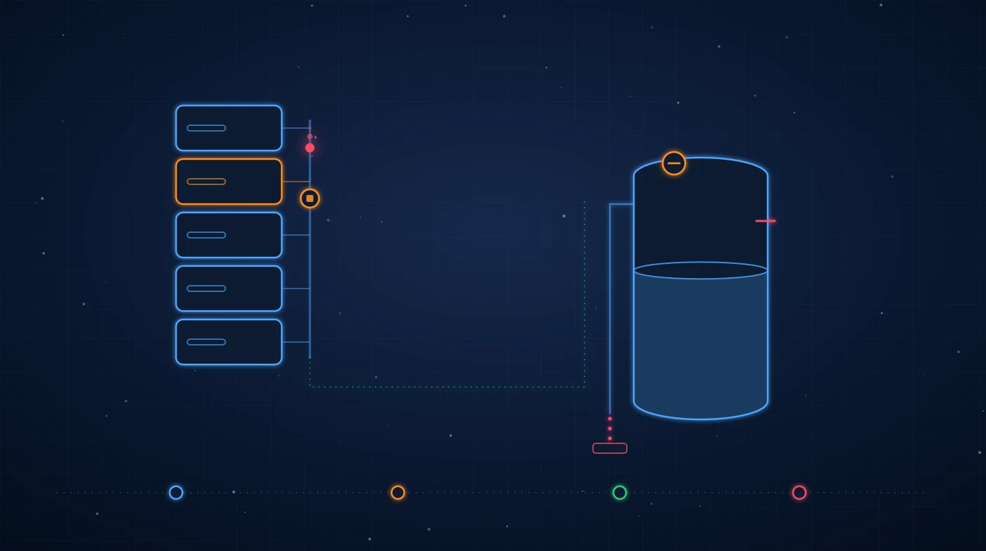 Ilustración sobre fondo azul noche: una torre con los niveles del modelo Purdue y un bus con una compuerta DMZ naranja por el que baja un paquete rojo, conectada a un depósito con nivel de líquido, marca de nivel alto roja, válvula motorizada y rebose