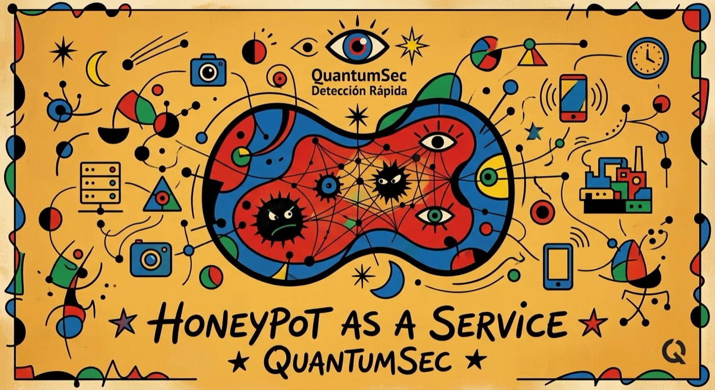 QuantumSec illustration of Honeypot as a Service: a surveillance network of eyes, cameras and connected IoT devices surrounding a central trap that catches attackers