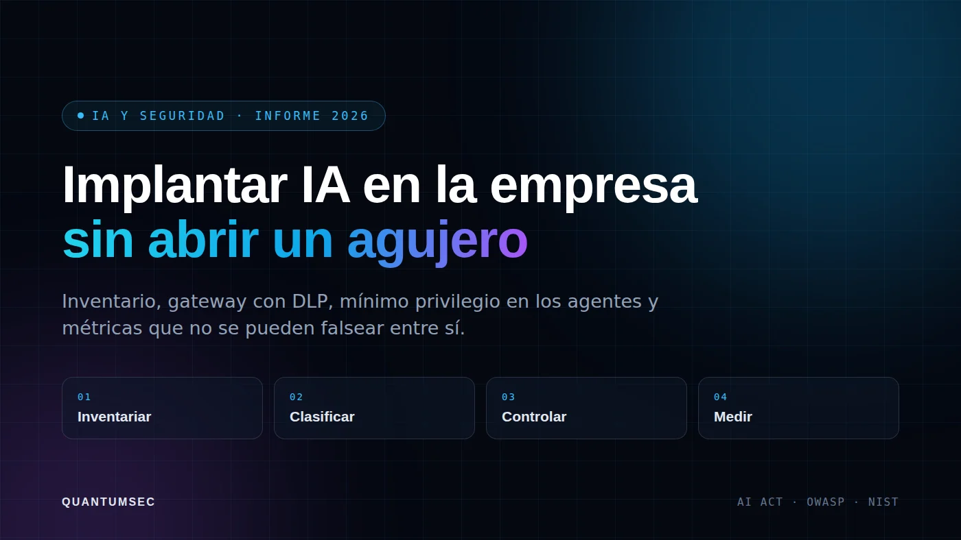 Ilustración de una capa de control entre las personas de una empresa y un modelo de inteligencia artificial, con filtros de datos, registro de actividad y permisos limitados representados como compuertas sucesivas
