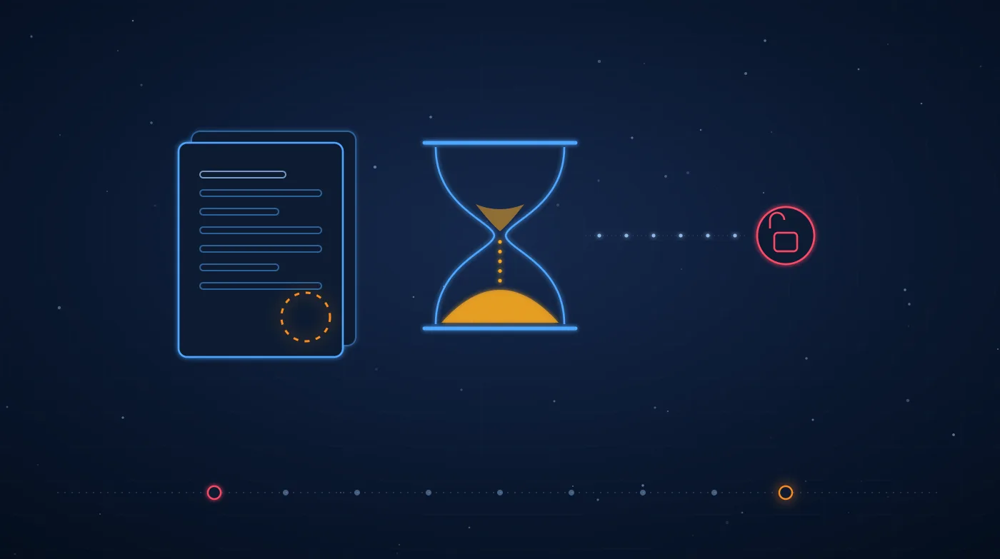 Ilustración sobre fondo azul noche: un expediente con el sello todavía vacío, un reloj de arena con casi toda la arena abajo y un candado abierto en rojo, sobre una línea de tiempo que va del plazo de 2024 a hoy