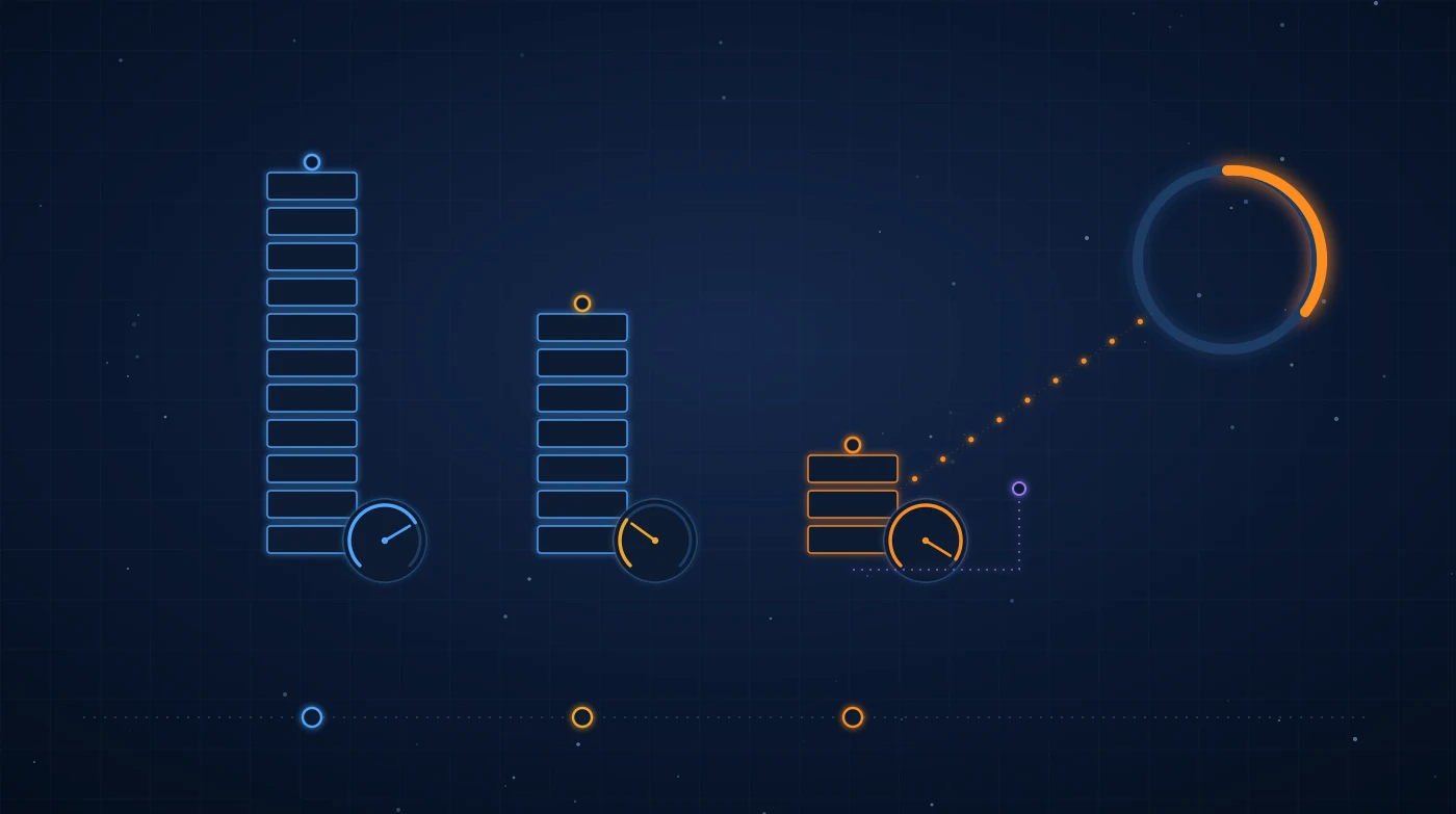 Ilustración sobre fondo azul noche: tres torres de segmentos de distinta altura que representan la memoria de la Mac Studio, la DGX Spark y la RTX 5090, con esferas de velocidad en tokens por segundo y un reguero de tokens naranja hacia un gran anillo