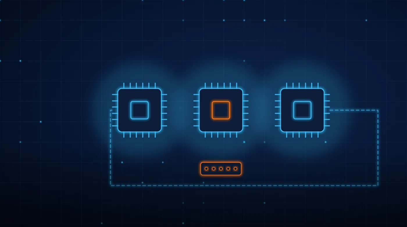 Illustration of three microcontrollers chained together by an orange JTAG line, with a five-pin debug connector below